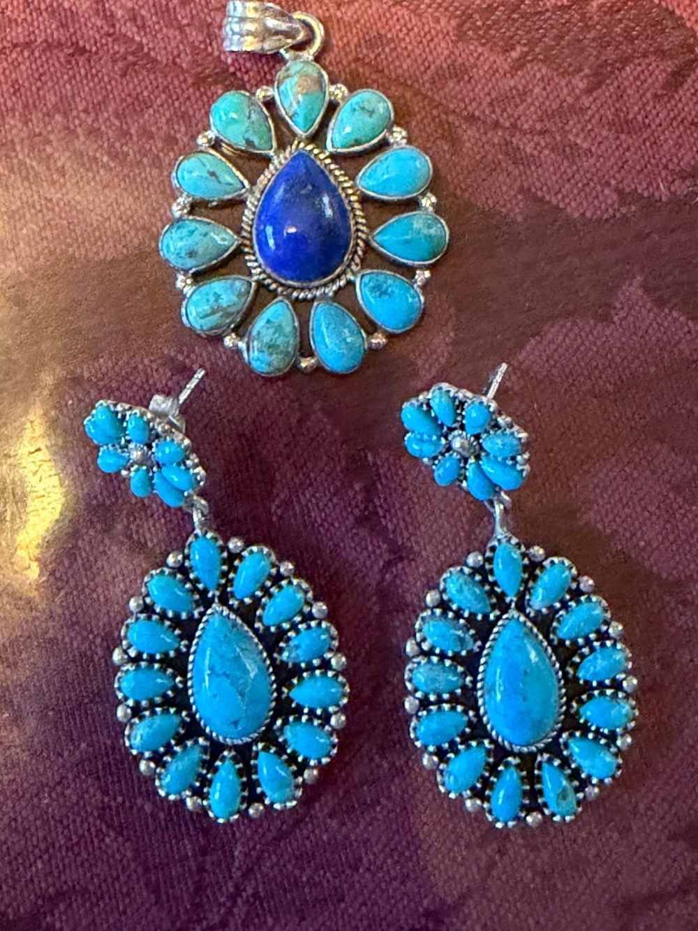 Turquoise & Lapis Lazuli Pendant & Turquoise Drop Earrings ~  925 Setting